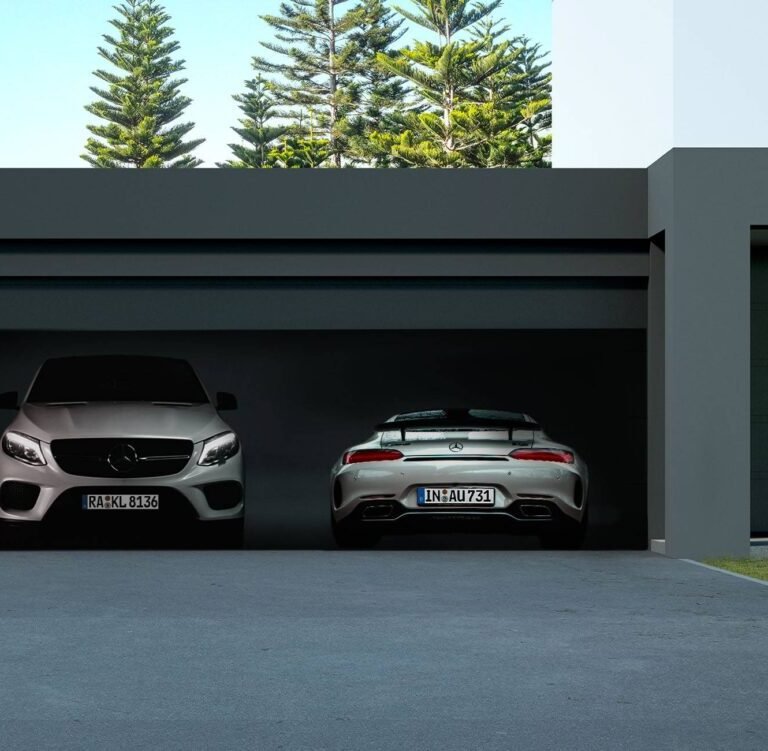 Perspective of luxury modern house, g, garage entrance on forest lake background, Idea of architecture design. 3D rendering